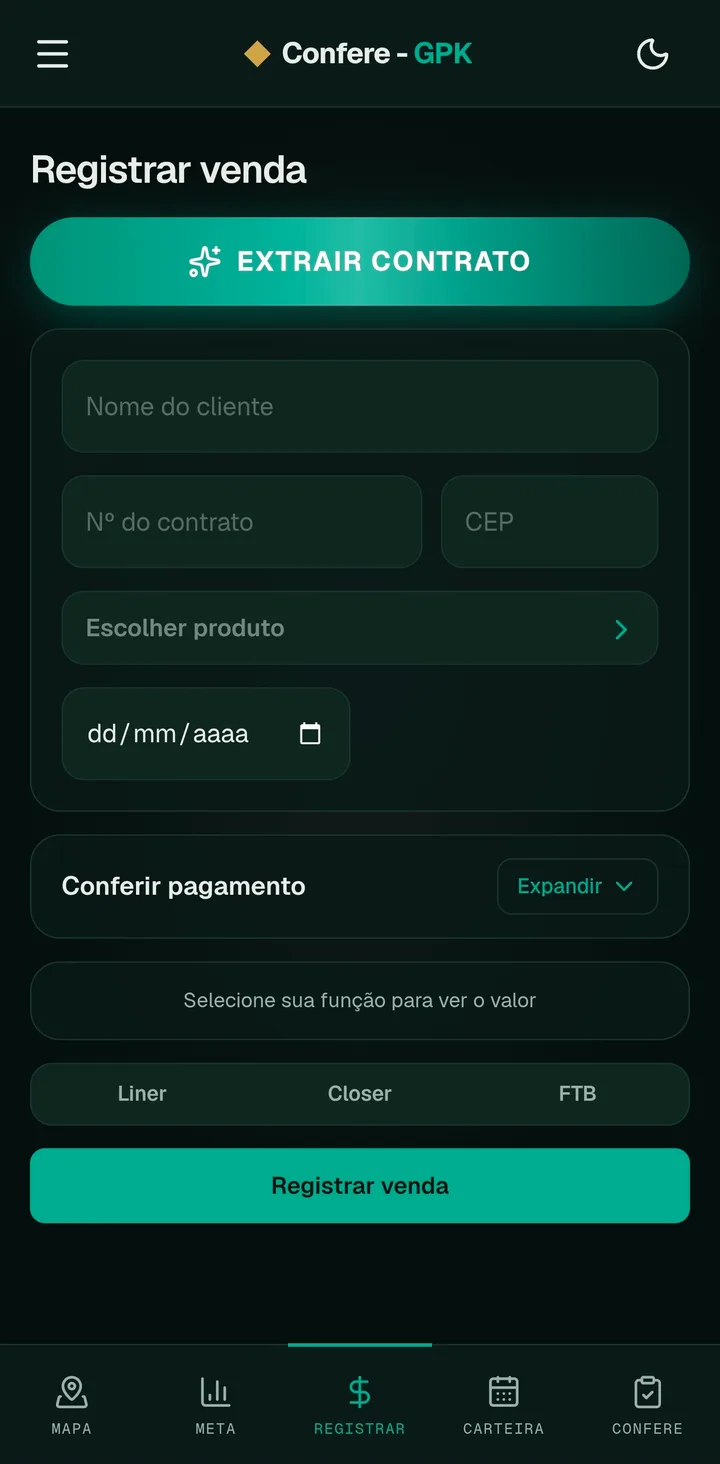Tela de registrar venda no app Confere, tema escuro